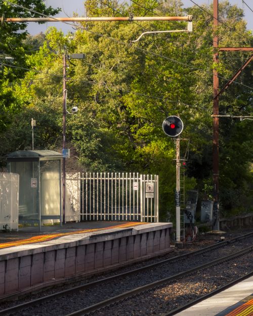 Free Quiet train station surrounded by lush greenery and clear sky. Stock Photo