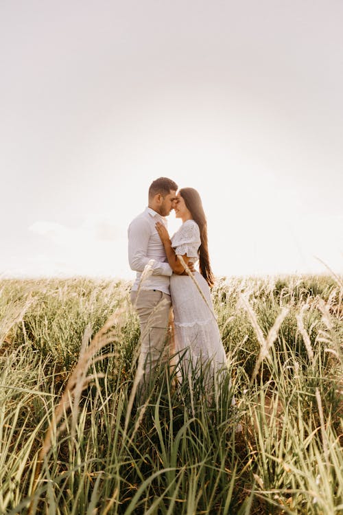 Free Newly Wed Couple Kissing on the Grass Field Stock Photo