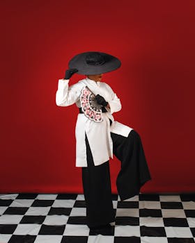 Chic portrait of a person with a fan and hat on checkered floor, red background