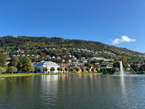 Charming Bergen, Norway, with hillside homes and a tranquil lake under a clear blue sky.