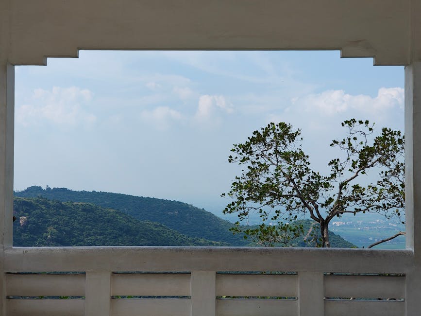 Vista emoldurada de colinas distantes e uma árvore de uma sacada sob um céu azul claro.