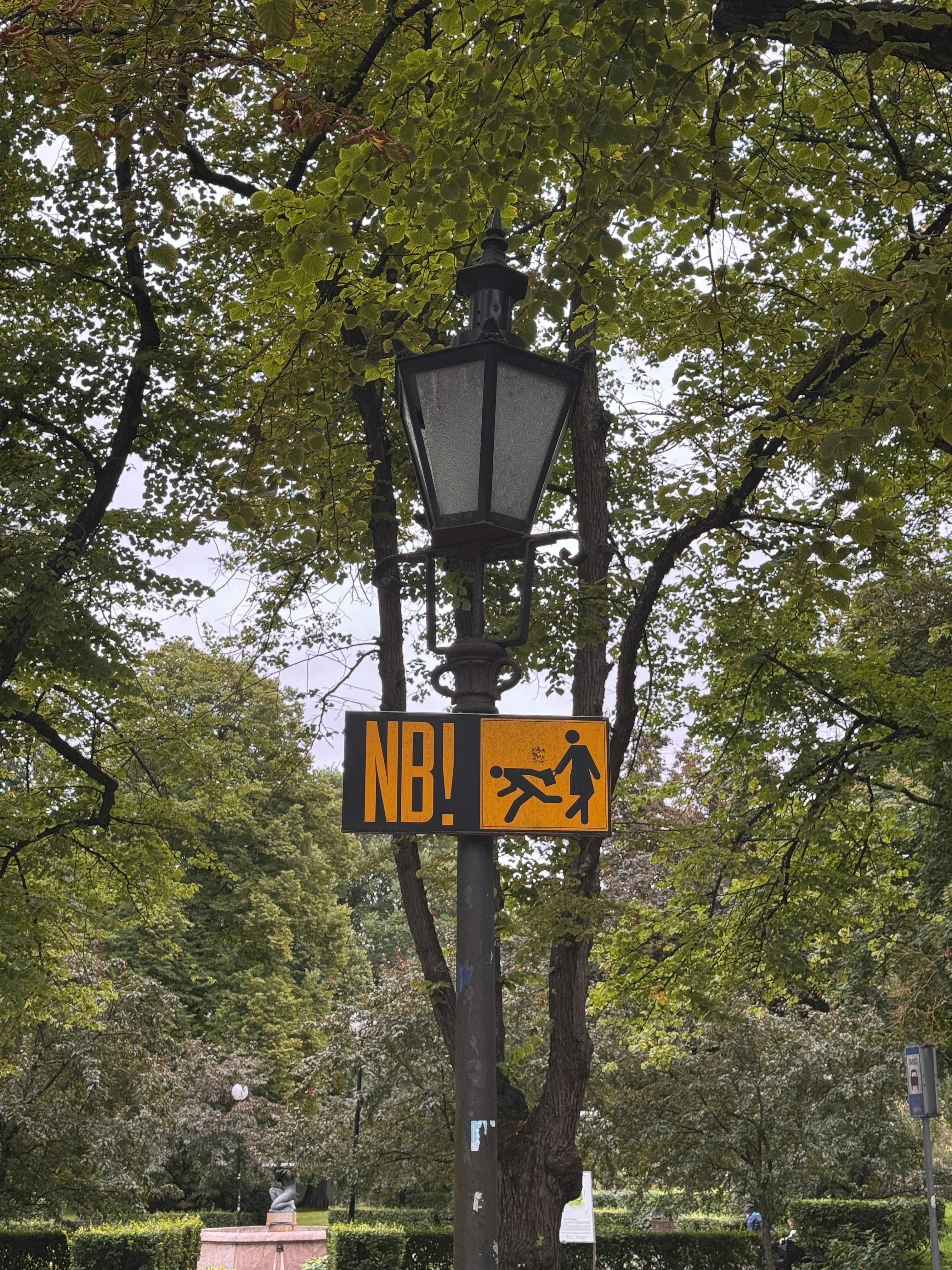 Streetlamp with warning sign in Tallinn's leafy park area.