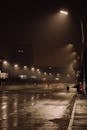 夜间，雨水浸湿的沥青路面映照着街灯，让城市街道显得格外安静