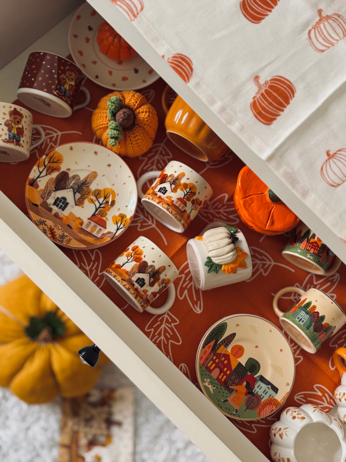 Cozy autumn tableware and pumpkin decor in an organized drawer layout. Stock Photo.