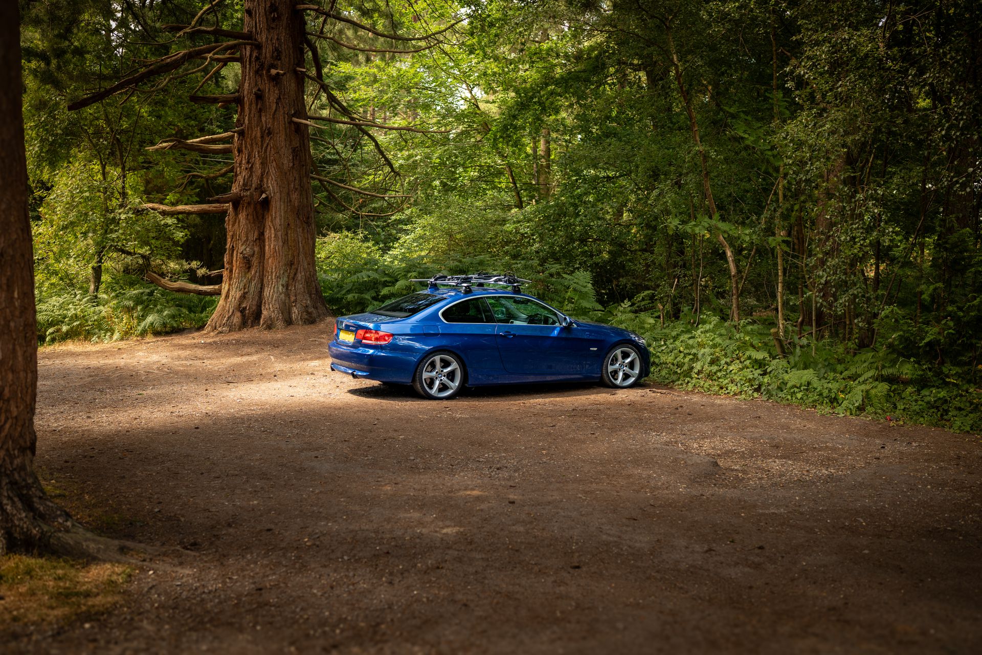 BMW Sports Coupe with Bike Carriers in Rural Setting