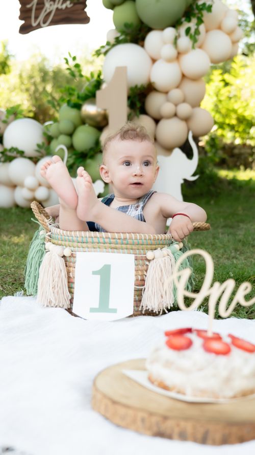 Free A cute baby enjoying their first birthday in a garden with balloons and cake. Stock Photo
