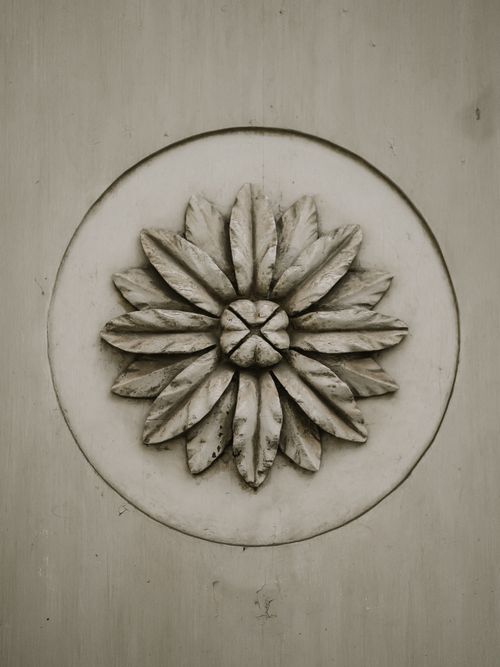 Free Detailed architectural ornament with floral pattern on wall. Stock Photo
