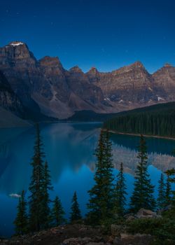 Explore the captivating beauty of Moraine Lake at twilight in Banff National Park, Alberta.