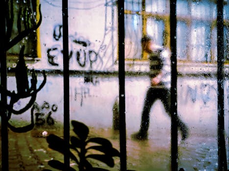 Blurred view of a person walking in rainy Istanbul through a wet window.