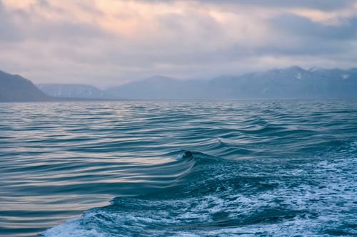 Free Capture of gentle ocean waves beneath a dramatic cloudy sky during dawn, with distant mountain view. Stock Photo