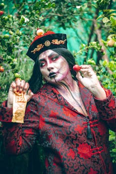 Model in vibrant makeup and mythical costume, set in lush greenery outdoors.