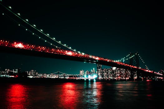 灯火通明的吊桥横跨水面，展现出夜市场景的活力