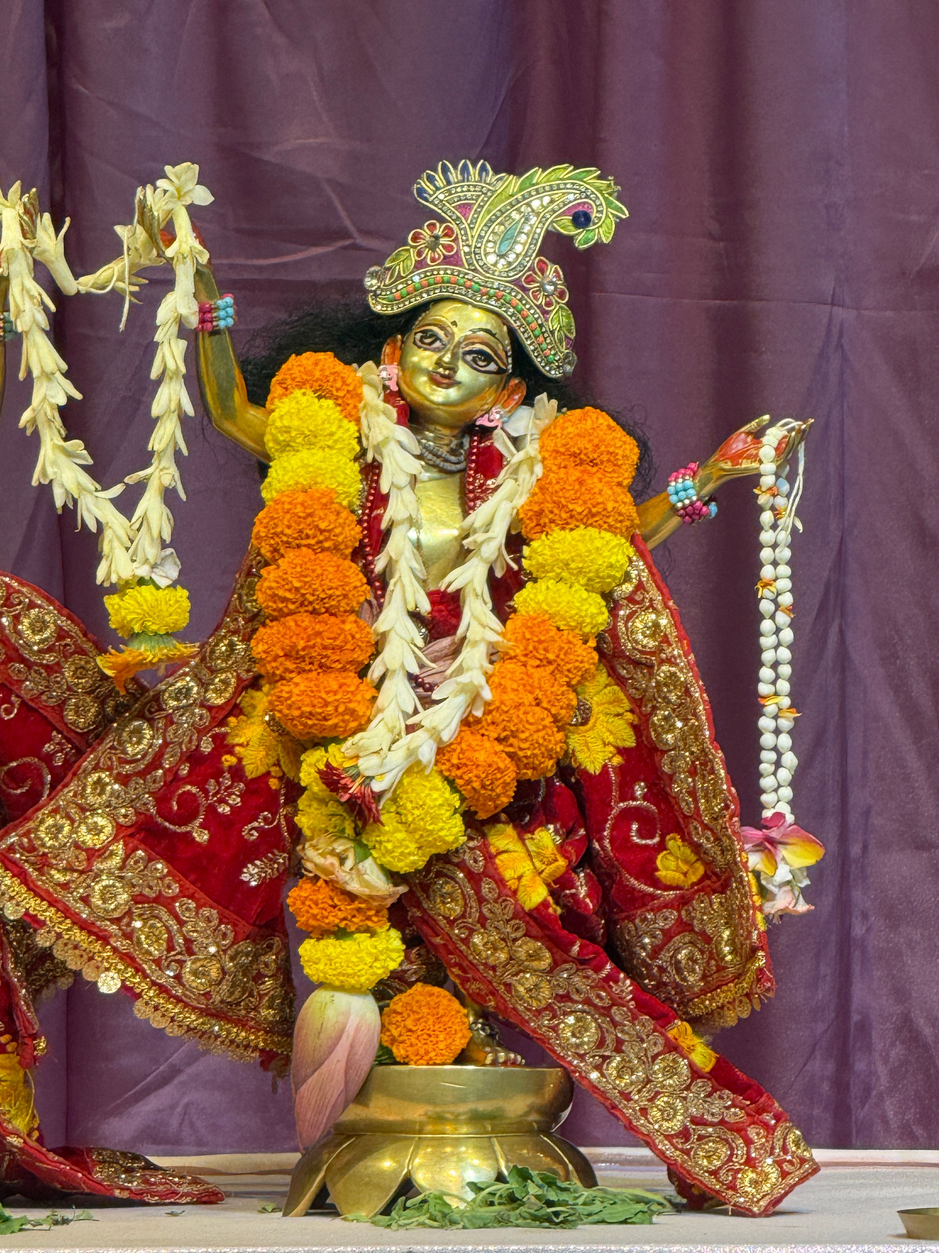 Beautiful Hindu deity statue adorned with colorful garlands and detailed attire.