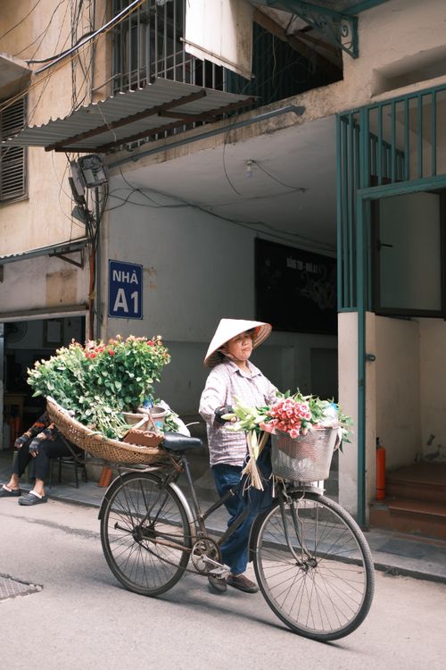 Free A woman vendor in Hanoi, Vietnam, sells flowers from a bicycle on a vibrant city street. Stock Photo