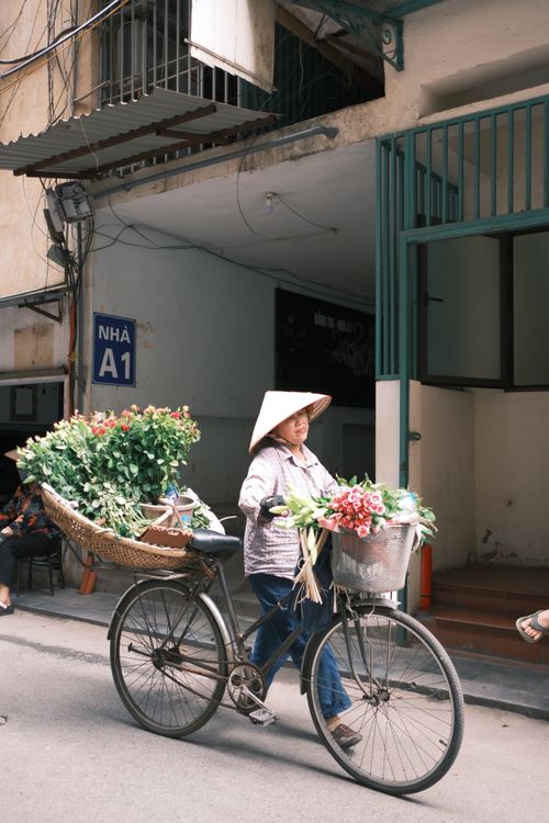 Free A woman vendor in Hanoi selling flowers from her bicycle on a city street. Stock Photo