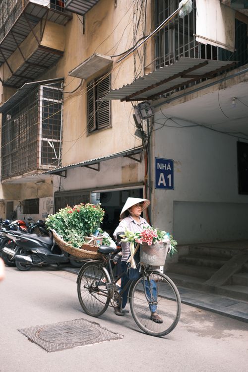 Free A woman bicycles with a vibrant display of flowers down a narrow urban street, showcasing local culture. Stock Photo