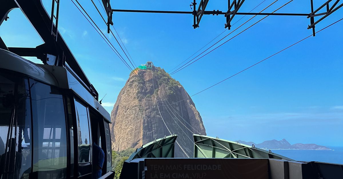 Sugarloaf Mountain and cable car structures in Rio de Janeiro.