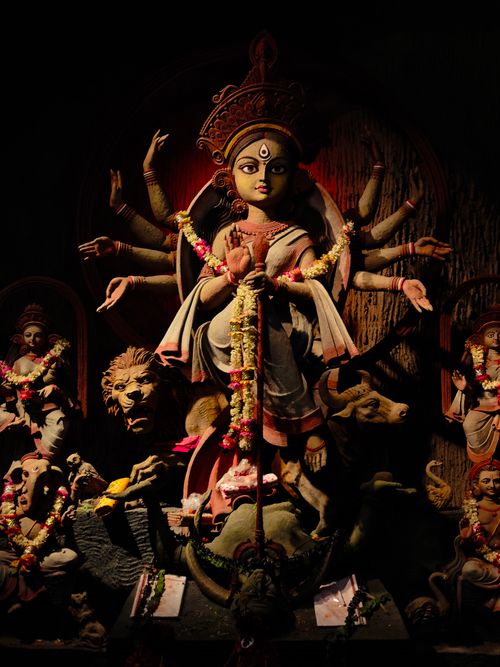 Free Beautifully crafted Durga idol adorned for a Hindu festival celebration. Stock Photo