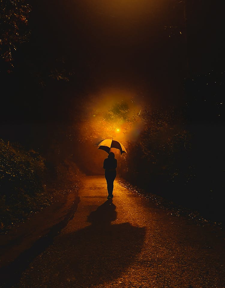 Walking With Umbrella At Night