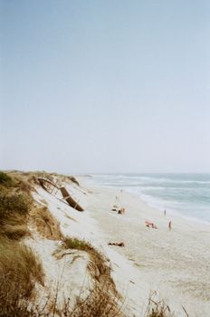 Tranquil beach scene with dunes and ocean, capturing summer relaxation.