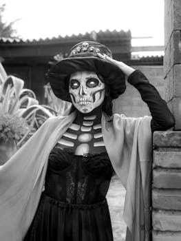 Elegant Catrina makeup with hat in black and white for Dia de los Muertos.