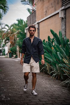 Casually dressed man walking down a stylish street in Bali, Indonesia, surrounded by tropical plants.