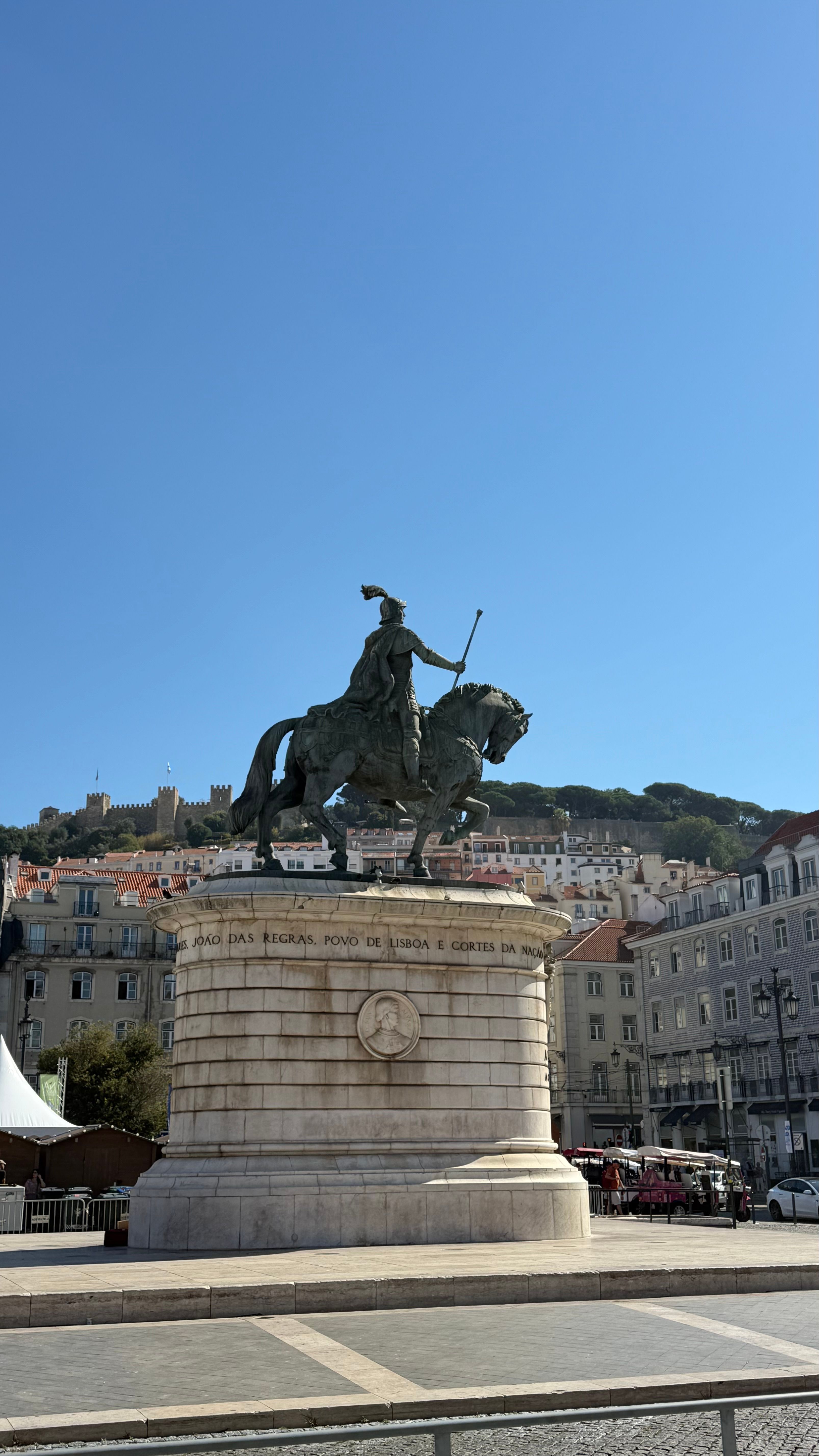 Historic equestrian statue in Lisbon captured on a clear day, showcasing Portuguese architecture.