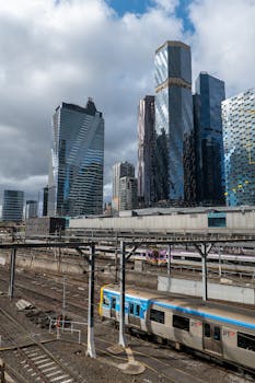 View of Docklands skyscrapers and railway from Southern Cross Station, Melbourne.