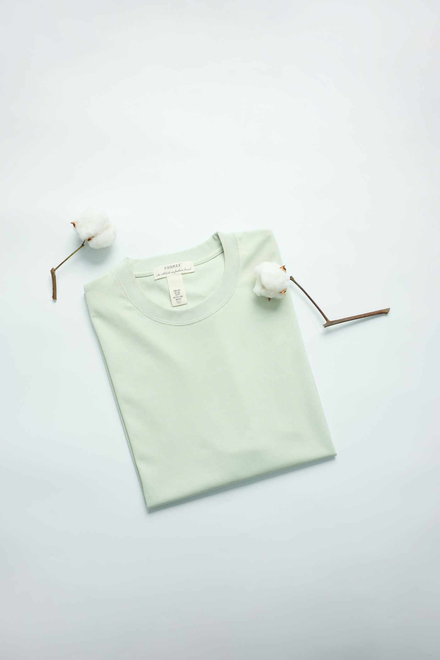 Mint green T-shirt with natural cotton stems in a minimalist flat lay
