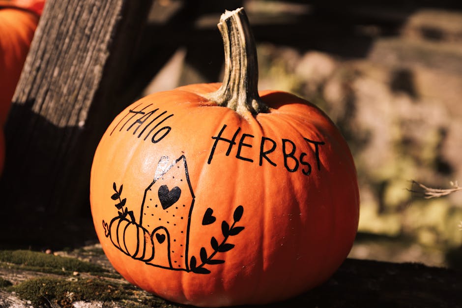 Orange pumpkin with hand-drawn design and 'Hello Herbst' text on rustic background.