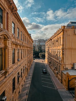 Beautiful urban architecture with symmetry and clear blue skies.