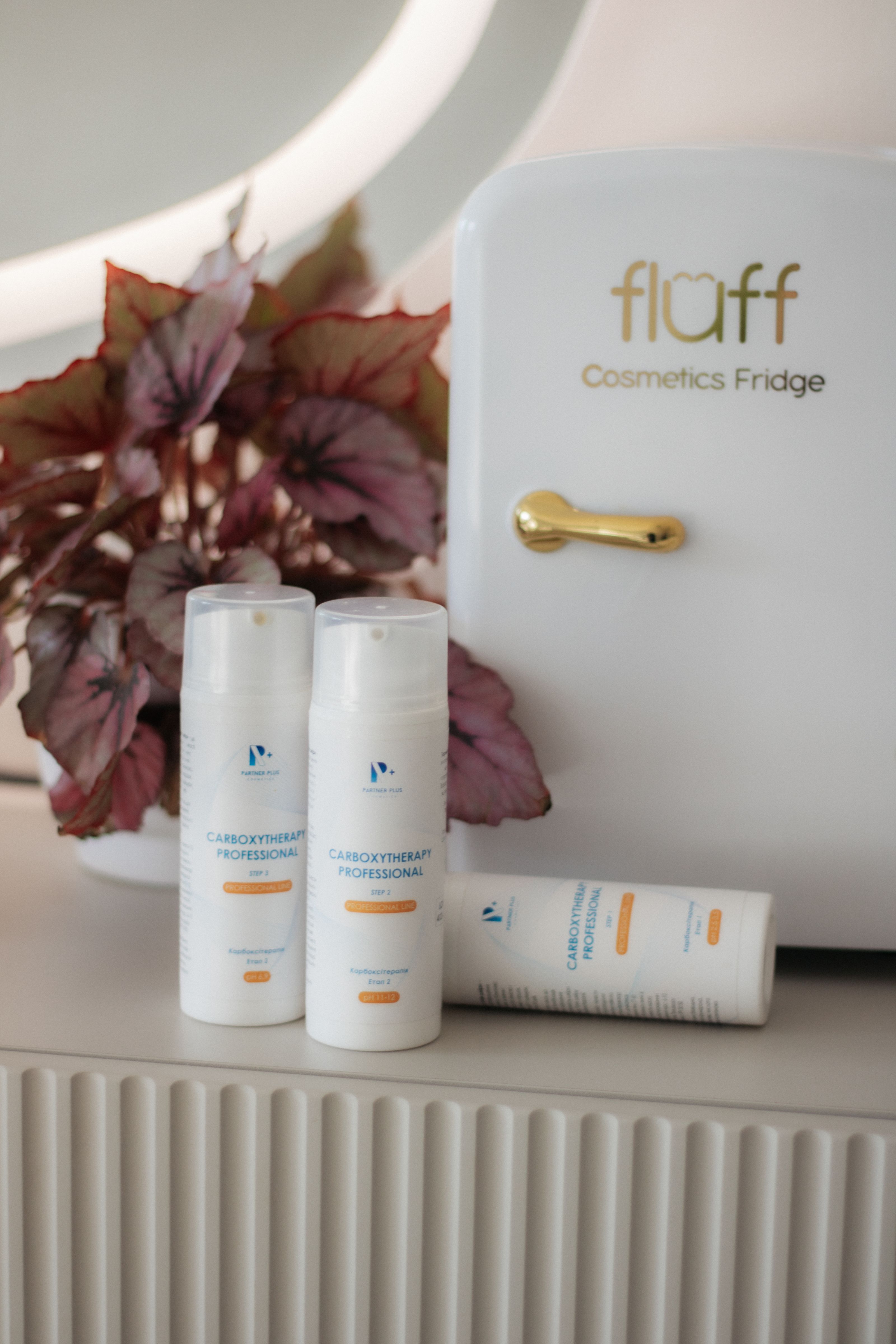 Exibição estilosa de produtos para cuidados com a pele ao lado de uma mini geladeira de cosméticos, aprimorando as rotinas de beleza modernas.