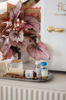 Stylish display of cosmetics with a decorative plant in a tranquil setting.
