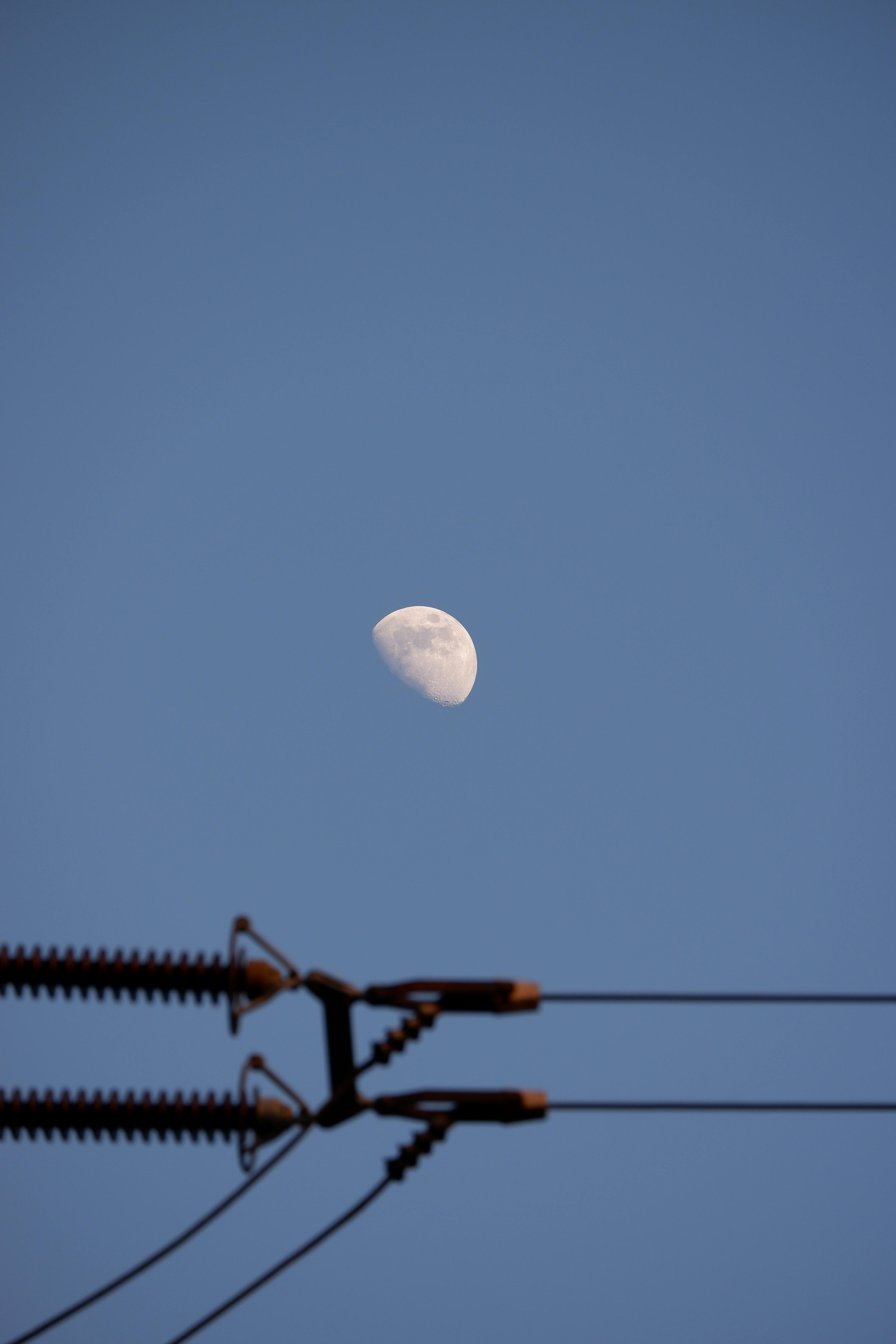 Crescent moon in a clear twilight sky with silhouetted power lines.