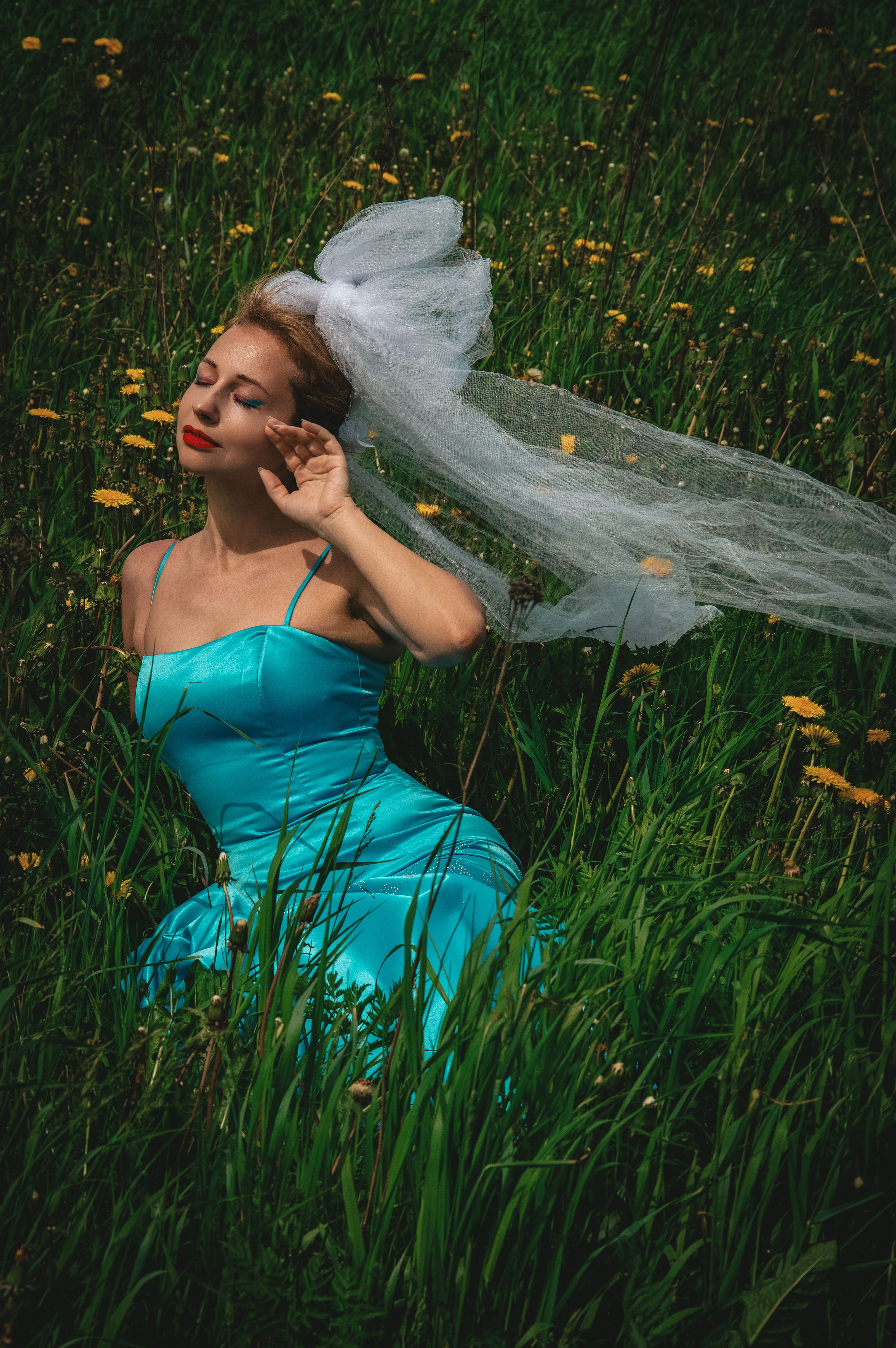 Elegant Woman in Blue Dress with Veil in Meadow · Free Stock Photo