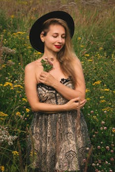 优雅的女人穿着蕾丝连衣裙，戴着帽子，在野花草地上享受温暖的一天