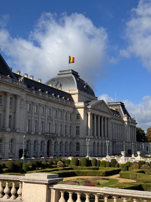 Free Elegant view of the Royal Palace of Brussels with clear skies and Belgian flag. Stock Photo