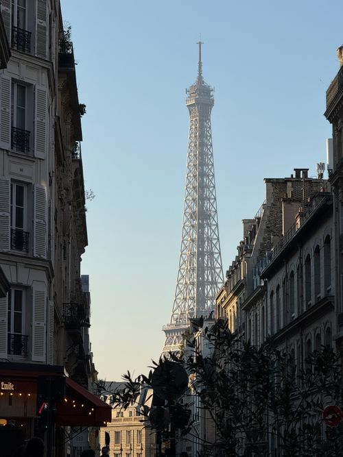 Free Scenic view of the Eiffel Tower framed by charming Parisian buildings at dusk. Stock Photo