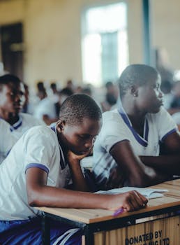 Students engaged in focused classroom study, highlighting educational dedication.