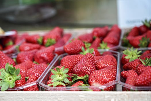 Close-up of fresh strawberries in containers at a market in Vergt, France.