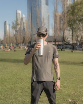 Adult man enjoying a drink in a sunny city park with skyscrapers in the background.