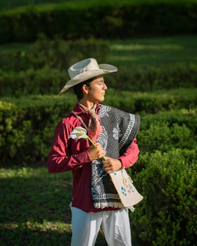 A man wearing traditional Mexican attire holding a flower outdoors, showcasing vibrant cultural heritage.