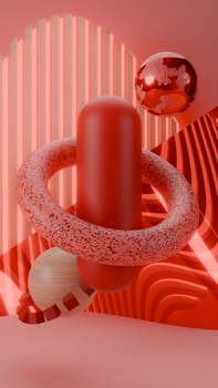 Vibrant and abstract geometric design with red hues, featuring various 3D shapes in a futuristic style.