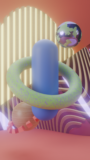 Colorful abstract 3D geometric composition with spheres and rings.