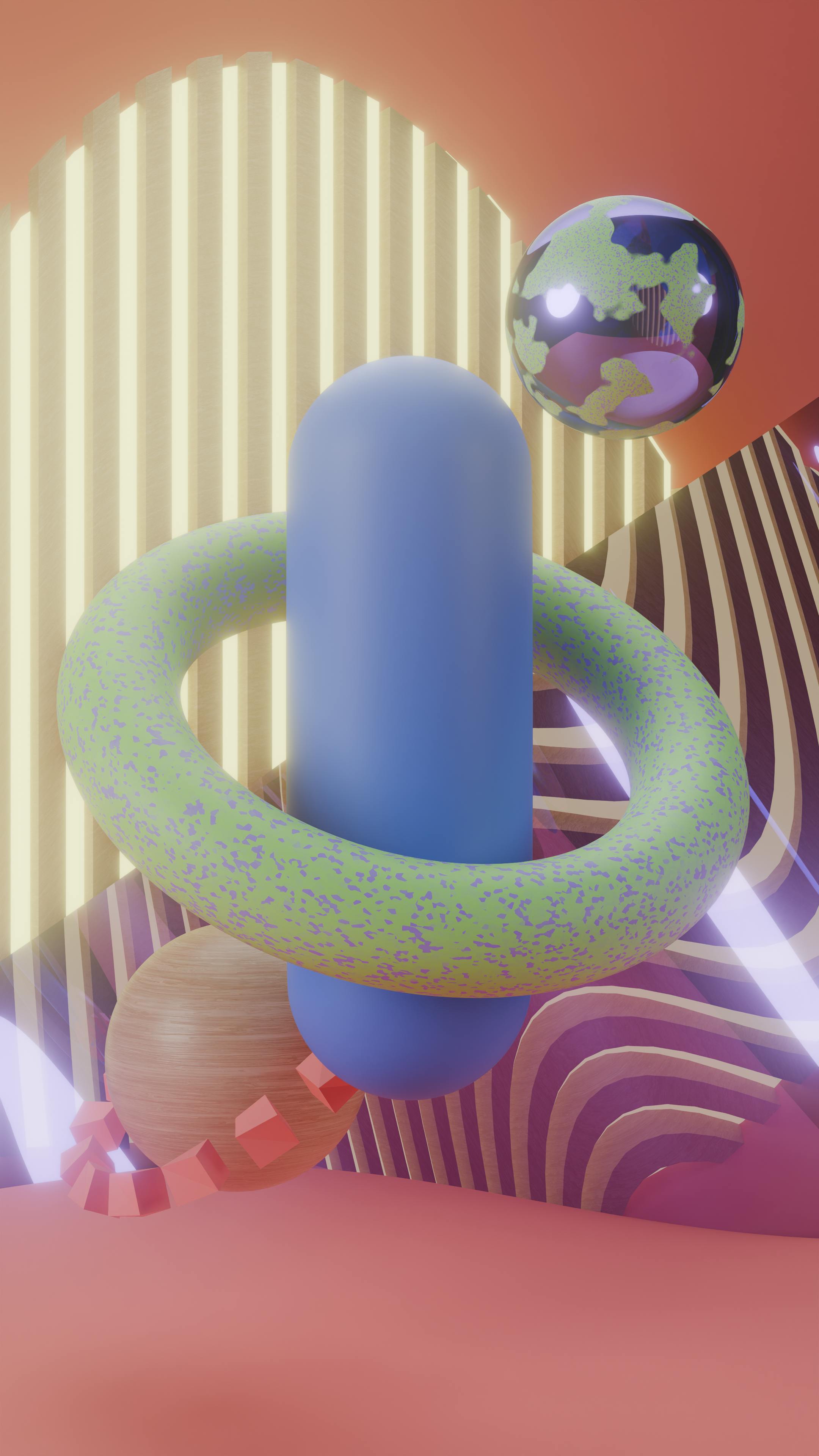 De franc Composició geomètrica abstracta 3D de colors amb esferes i anells. Foto d'estoc