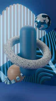 Modern abstract composition of floating shapes in blue tones, creating a futuristic vibe.