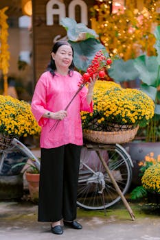 Adult woman in pink traditional attire holding red flowers with yellow blooms in a festive setting.