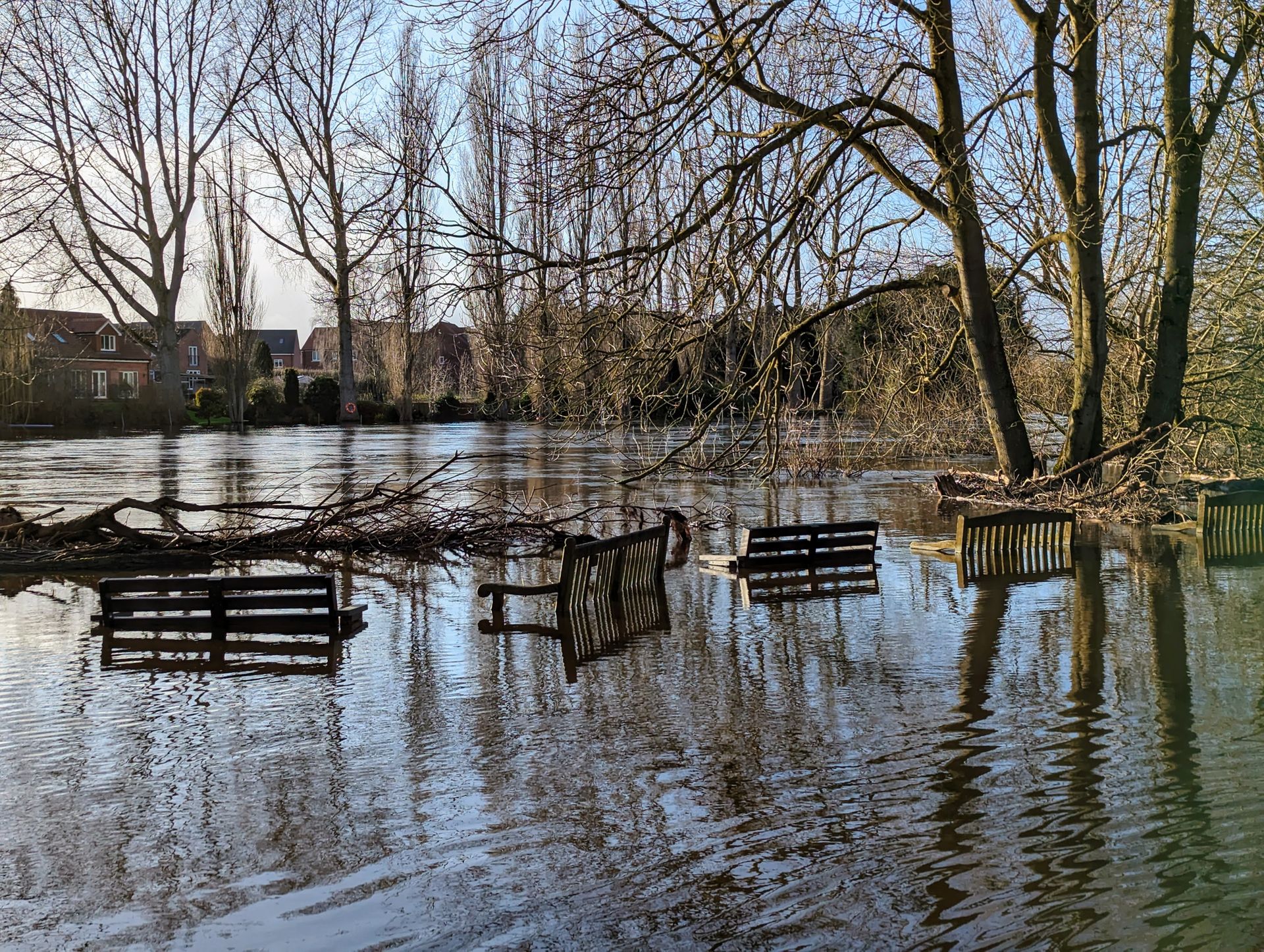 A swollen river overflowing its banks under an overcast sky