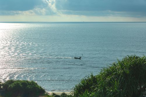 Free Scenic view of the ocean with a small boat on the horizon and lush coastal greenery. Stock Photo