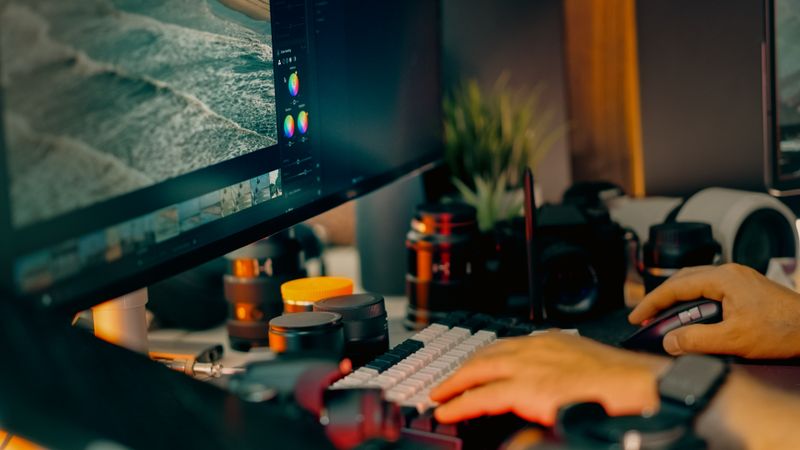 Photographer editing images on a monitor beside camera lenses